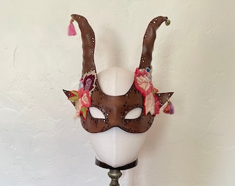 Spirit of Beltane - Handmade Tan leather horned costume mask - Leather and Embroidered flower Satyr Faun Mask ~ Adult mask