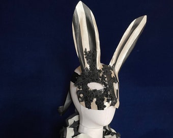 Circus of Dreams Bunny Mask -Black & White Leather  Silk Lace  Rabbit Mask - Animal Masquerade - Easter Bunny - Year of the rabbit - Adult