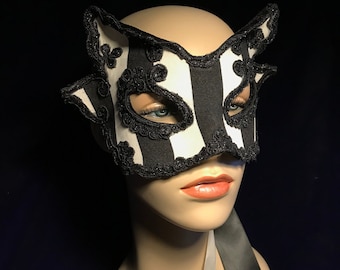 Circus of Dreams Fox Mask  - Black and White Striped Fox Mask with Glitter lace detail ~ Mardi Gras Creature Mask - Halloween  Ready to ship