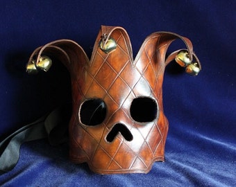 The Fool - Hand Carved Leather Skull Mask with Vintage Brass Bells ~ Leather Mardis Gras Death Mask- Made to order