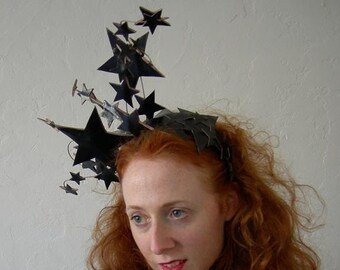 Black Star headdress - shiny Black Leather Star Dancing Girl Headband ~ Black Star Burlesque Crown  -Festival Headpiece To Order