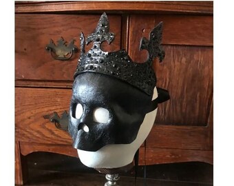 Death Crown - Black Leather Skull Mask with Leather & Crystal Fleur de lis Crown ~ Halloween  - Mardis Gras - Death Mask- Gothic Masquerade