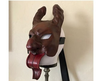 Old Horney - Tan & Red Leather Phallic Horned Satyr Half face Mask with tongue - Puck Pan - Faunus - Erotic Halloween - Pagan - Masquerade