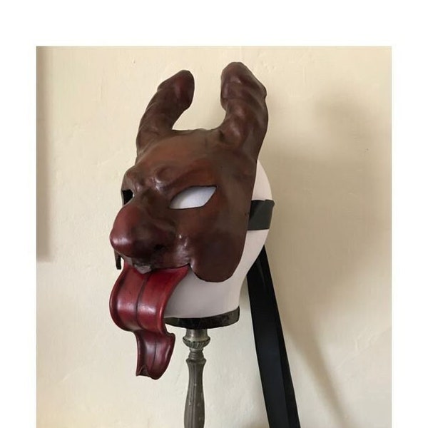 Old Horney - Tan & Red Leather Phallic Horned Satyr Half face Mask with tongue - Puck Pan - Faunus - Erotic Halloween - Pagan - Masquerade