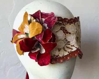 Midsummer Nights Dream Mask - Tan Leather and Cream Lace & Antique Velvet Flowers Peephole Mask -  Blindfold. - Adult - Valentine's Day