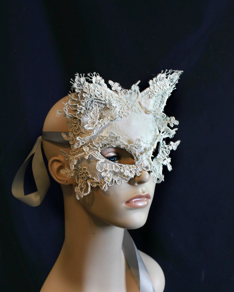 Winter Kitty Mask Leather Lace Cat Mask Silver Lace & Glass Glitter Mask Winter Solstice Kitty Mask Unique Christmas Gift image 6