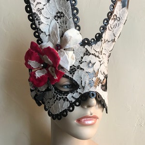 Black Midsummer Bunny Black Leather Cream Lace & Velvet Flower Rabbit Mask Animal Masquerade Easter Bunny Year of the rabbit image 8