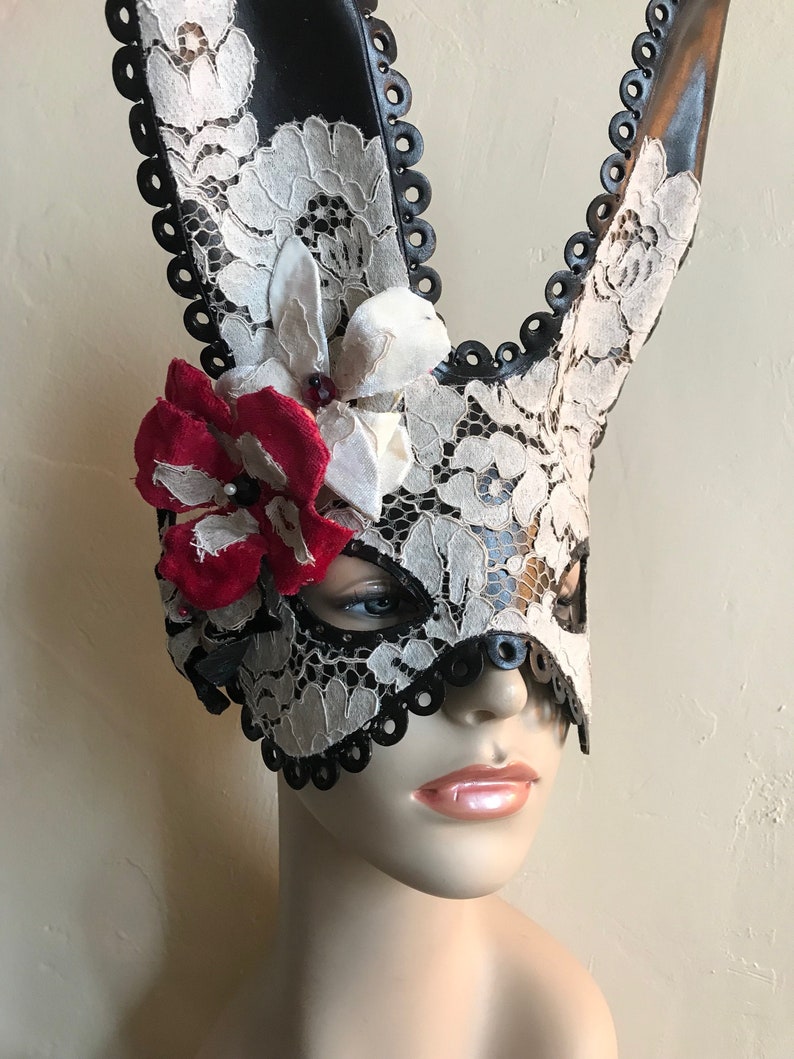 Black Midsummer Bunny Black Leather Cream Lace & Velvet Flower Rabbit Mask Animal Masquerade Easter Bunny Year of the rabbit image 8