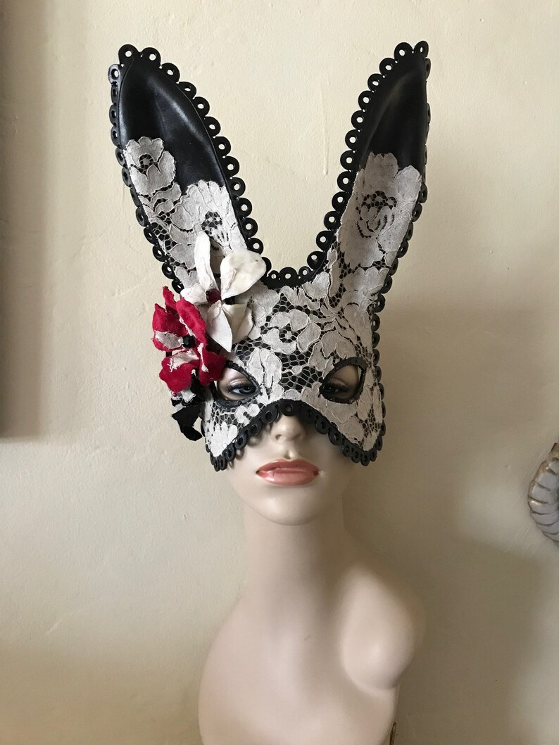 Black Midsummer Bunny Black Leather Cream Lace & Velvet Flower Rabbit Mask Animal Masquerade Easter Bunny Year of the rabbit image 7