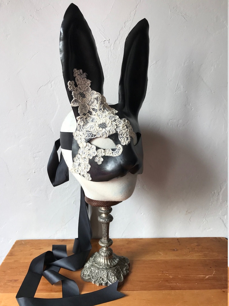 Black Bunny Mask Leather & Cream Silk Lace Flower Rabbit Mask Animal Masquerade Easter Bunny Year of the rabbit Adult Fantasy image 4