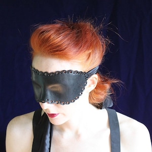 Black Leather Blindfold ~ Coquette Mask - Hand molded, Hand Punched Leather Mask with long Silk Ties ~ Valentine's gift for lovers
