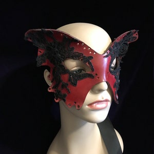 Red Butterfly Mask Leather & Black silk Lace Dark Fairy Mask Moth Mask Masquerade Fae Halloween Mardis Gras Adult Fantasy mask zdjęcie 5
