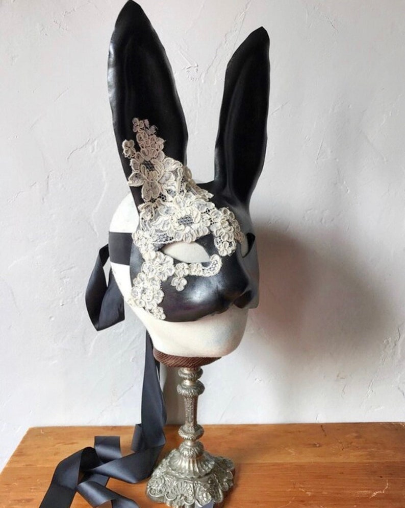 Black Bunny Mask Leather & Cream Silk Lace Flower Rabbit Mask Animal Masquerade Easter Bunny Year of the rabbit Adult Fantasy image 3