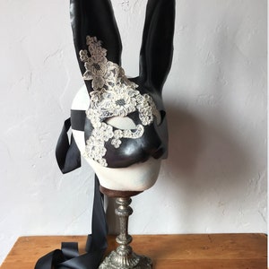 Black Bunny Mask Leather & Cream Silk Lace Flower Rabbit Mask Animal Masquerade Easter Bunny Year of the rabbit Adult Fantasy image 7