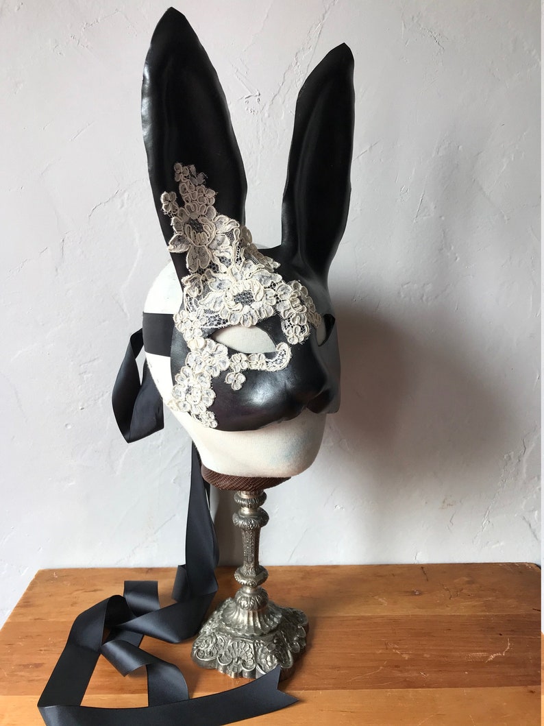 Black Bunny Mask Leather & Cream Silk Lace Flower Rabbit Mask Animal Masquerade Easter Bunny Year of the rabbit Adult Fantasy image 7