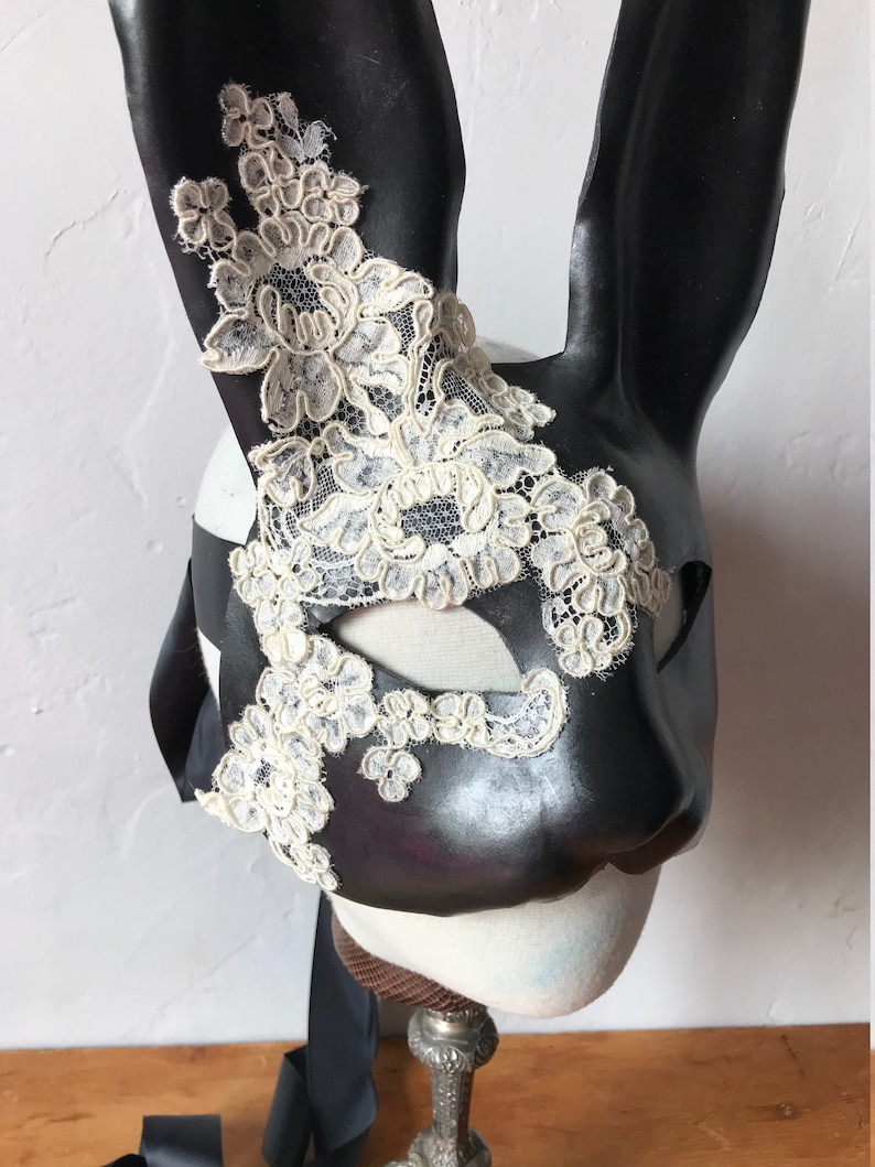 Black Bunny Mask Leather & Cream Silk Lace Flower Rabbit Mask Animal Masquerade Easter Bunny Year of the rabbit Adult Fantasy image 5