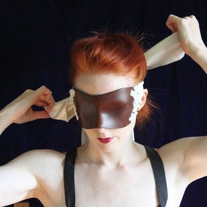 Unisex Tan & Cream Leather Blindfold - Hand molded Leather Bondage Mask ~ Beaded Lace and Silk Ties ~ valentine Gift for Lovers - To order