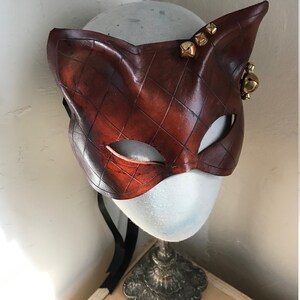 Folklore Kitty Hand Carved Tan Leather Cat Mask with Vintage Brass Bells Leather Mardis Gras Tarot Pagan Mask Halloween mask image 7