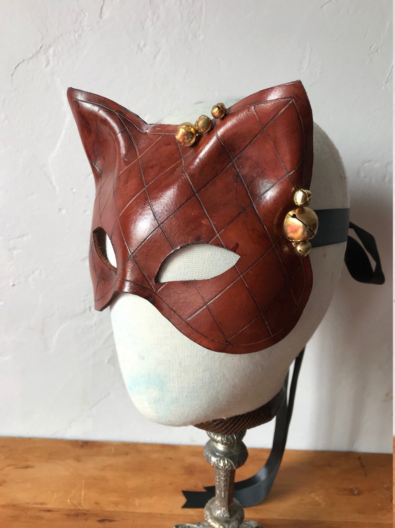 Folklore Kitty Hand Carved Tan Leather Cat Mask with Vintage Brass Bells Leather Mardis Gras Tarot Pagan Mask Halloween mask image 3