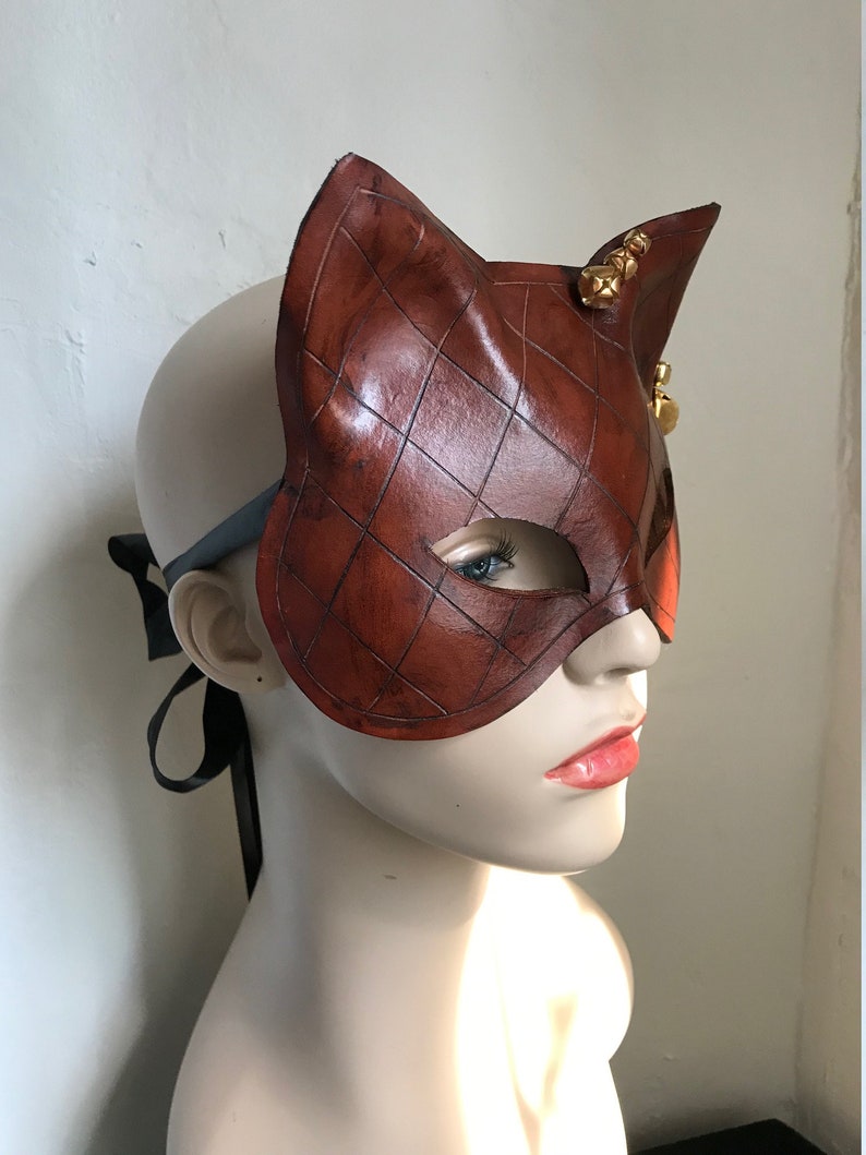 Folklore Kitty Hand Carved Tan Leather Cat Mask with Vintage Brass Bells Leather Mardis Gras Tarot Pagan Mask Halloween mask image 2