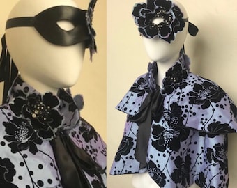 Midnight Blooms -Blue & Black Silk Taffeta Capelet and Mask set - Halloween Couture Costume - Dark fashion - Masquerade costume - Burlesque
