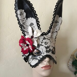 Black Midsummer Bunny Black Leather Cream Lace & Velvet Flower Rabbit Mask Animal Masquerade Easter Bunny Year of the rabbit image 3