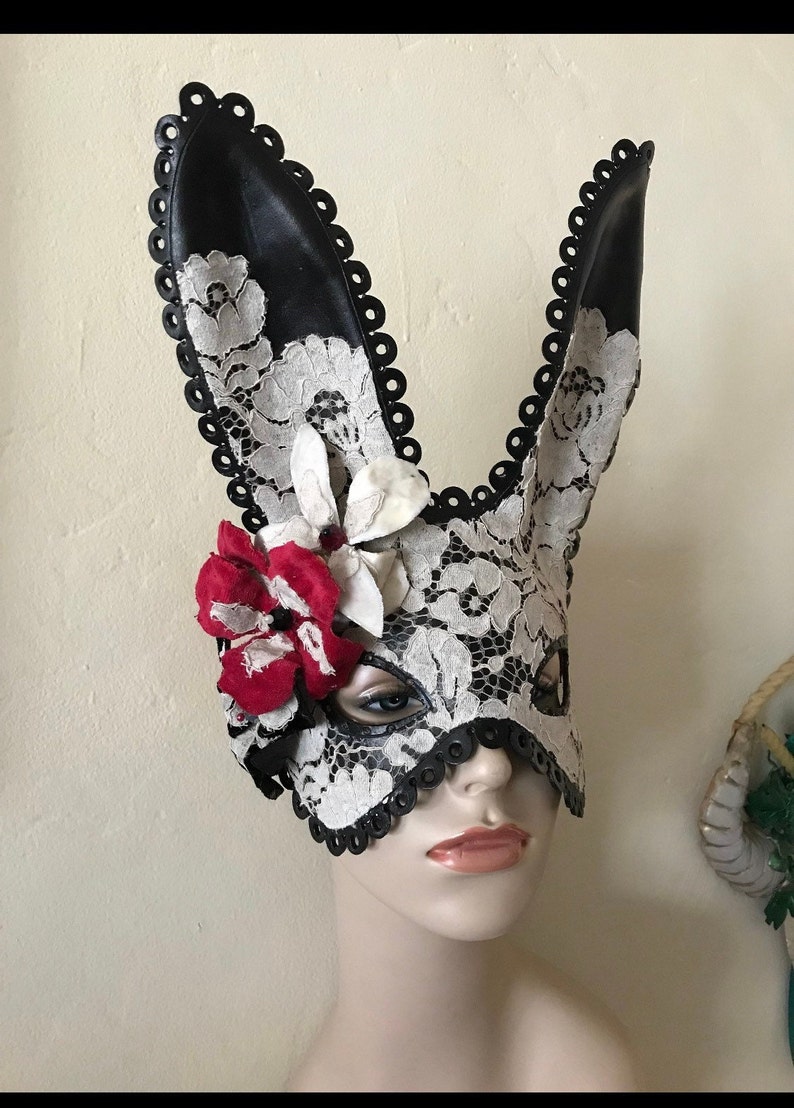 Black Midsummer Bunny Black Leather Cream Lace & Velvet Flower Rabbit Mask Animal Masquerade Easter Bunny Year of the rabbit image 3