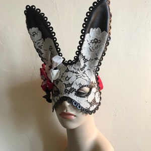Black Midsummer Bunny Black Leather Cream Lace & Velvet Flower Rabbit Mask Animal Masquerade Easter Bunny Year of the rabbit image 5