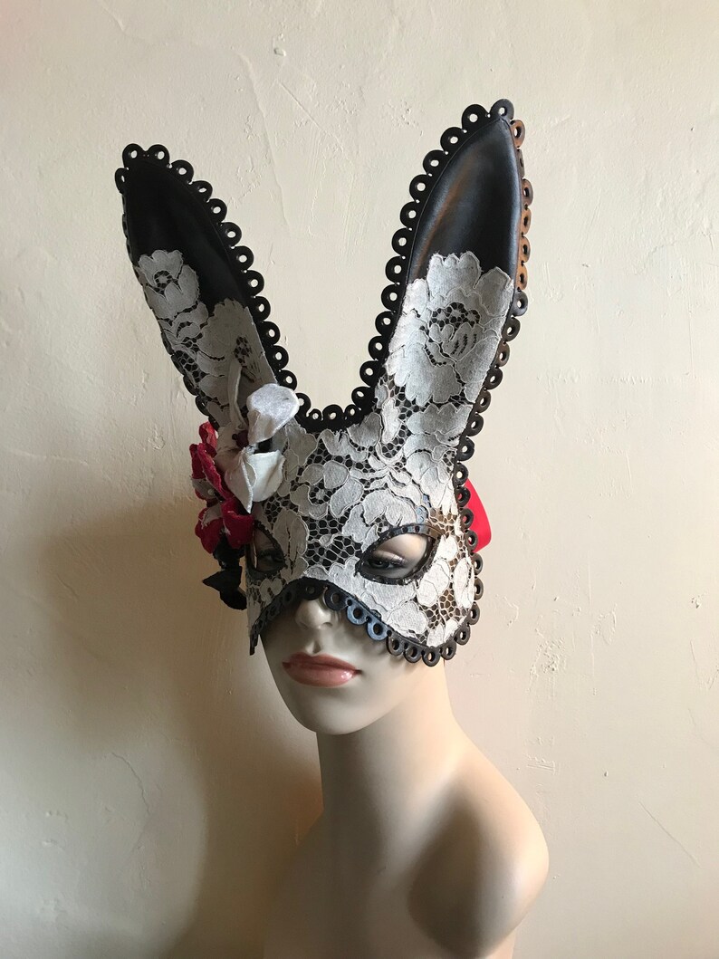 Black Midsummer Bunny Black Leather Cream Lace & Velvet Flower Rabbit Mask Animal Masquerade Easter Bunny Year of the rabbit image 5