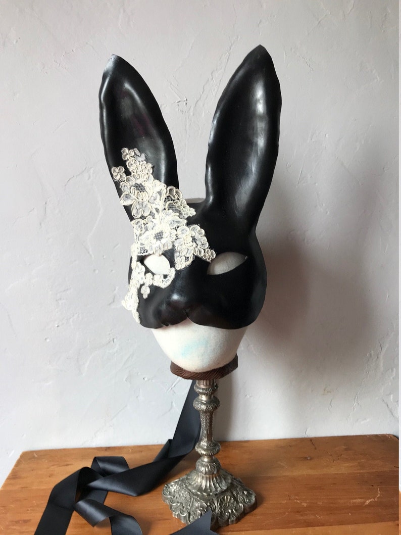 Black Bunny Mask Leather & Cream Silk Lace Flower Rabbit Mask Animal Masquerade Easter Bunny Year of the rabbit Adult Fantasy image 2