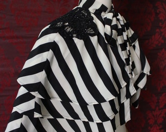 Circus of Dreams Cape - Black and White Striped Satin layered Capelet with Glitter Lace Epaulettes ~ Mardi Gras Costume  - Made to order