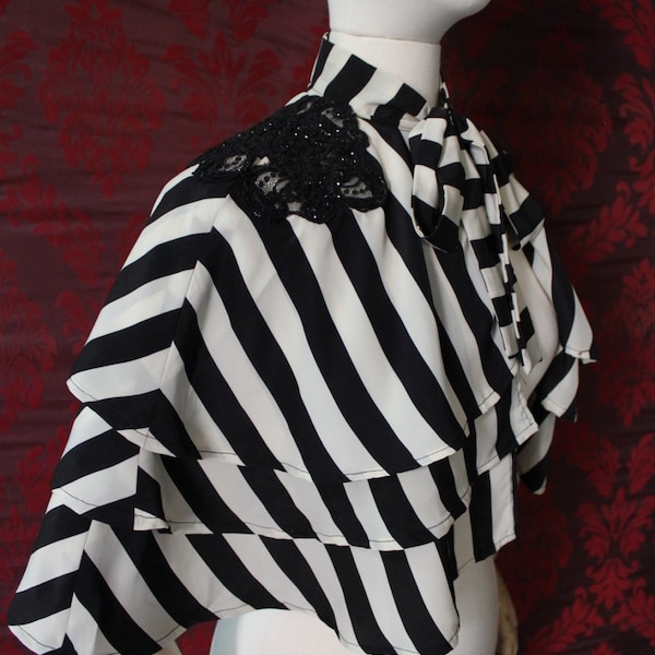 Circus of Dreams Cape - Black and White Striped Satin layered Capelet with Glitter Lace Epaulettes ~ Mardi Gras Costume  - Made to order