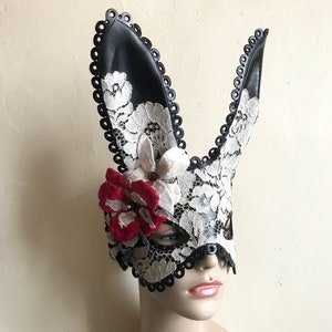 Black Midsummer Bunny Black Leather Cream Lace & Velvet Flower Rabbit Mask Animal Masquerade Easter Bunny Year of the rabbit image 2