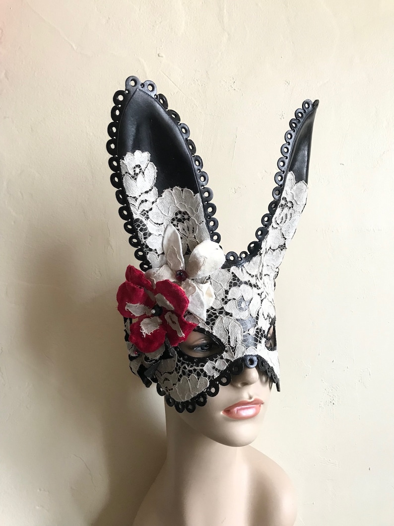 Black Midsummer Bunny Black Leather Cream Lace & Velvet Flower Rabbit Mask Animal Masquerade Easter Bunny Year of the rabbit image 2