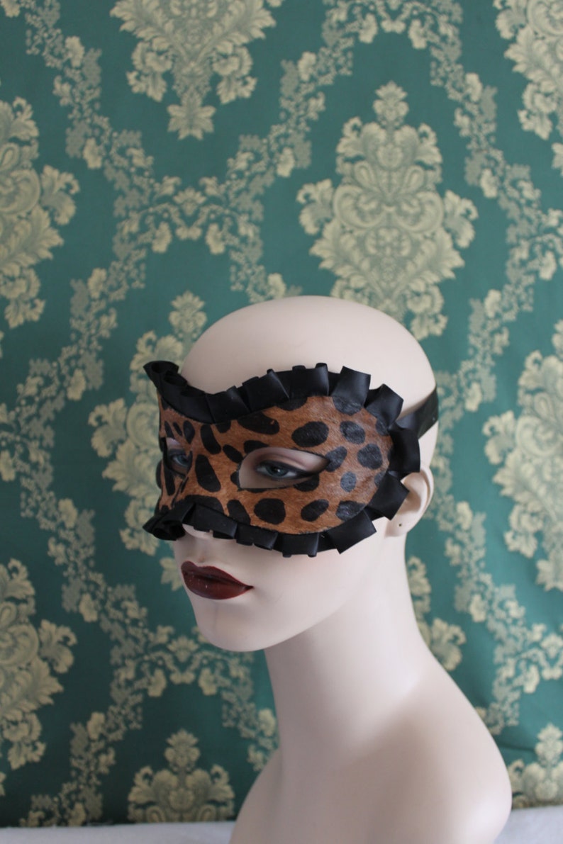 Sexy Leopard Print Leather and Satin Boudoir Mask Valentine Gift for Lovers Leather Mardis Gras Mask image 4