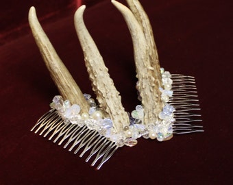 Yule Queen Antlers - Winter Bride Antler combs with festive beading / Pagan Bride headdress / Christmas Gifts for her. -To order