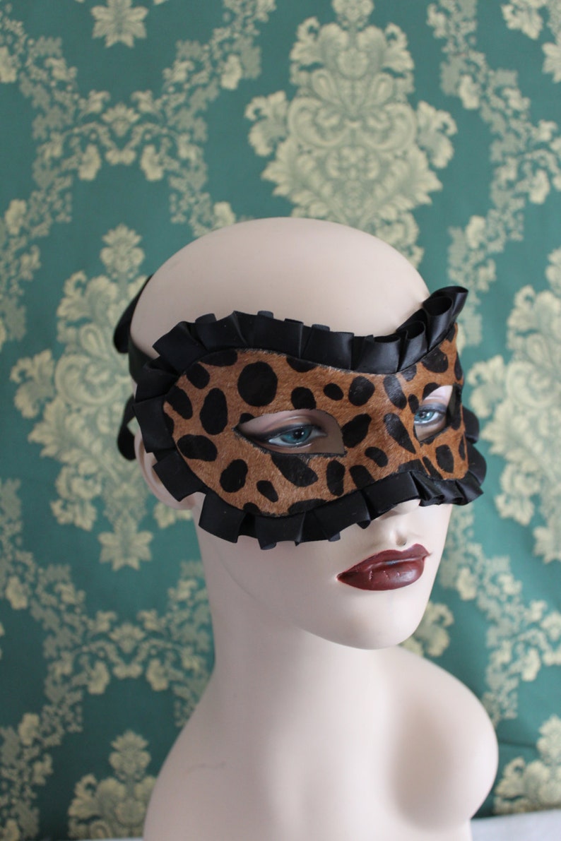 Sexy Leopard Print Leather and Satin Boudoir Mask Valentine Gift for Lovers Leather Mardis Gras Mask image 1