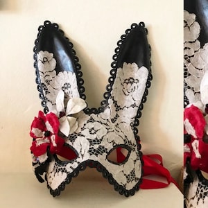 Black Midsummer Bunny Black Leather Cream Lace & Velvet Flower Rabbit Mask Animal Masquerade Easter Bunny Year of the rabbit image 1