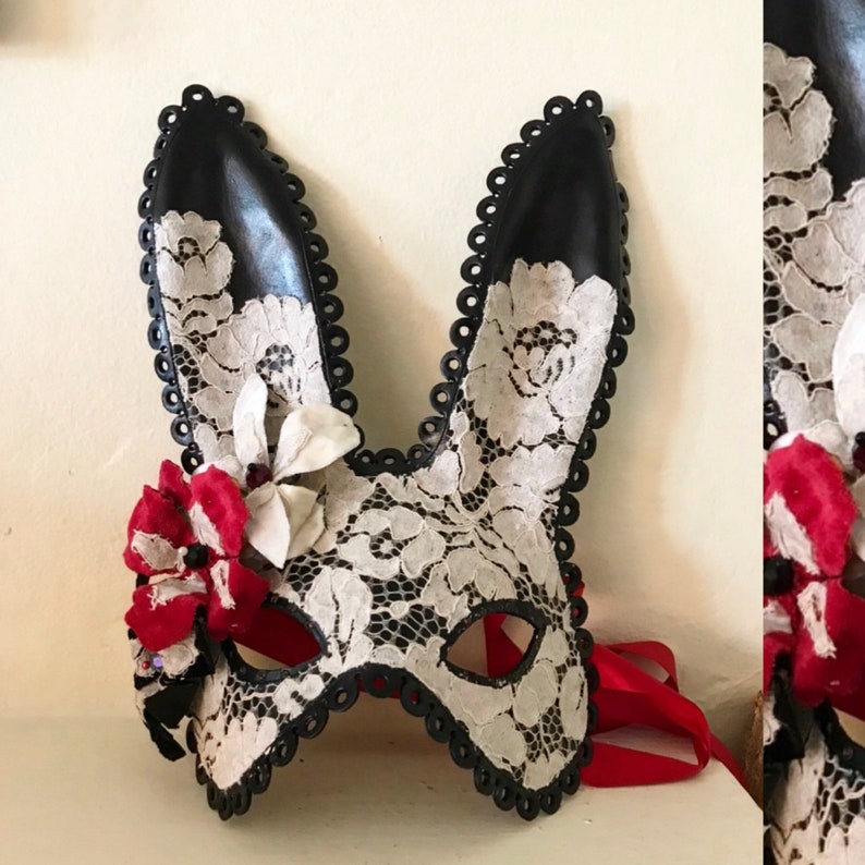 Black Midsummer Bunny Black Leather Cream Lace & Velvet Flower Rabbit Mask Animal Masquerade Easter Bunny Year of the rabbit image 1