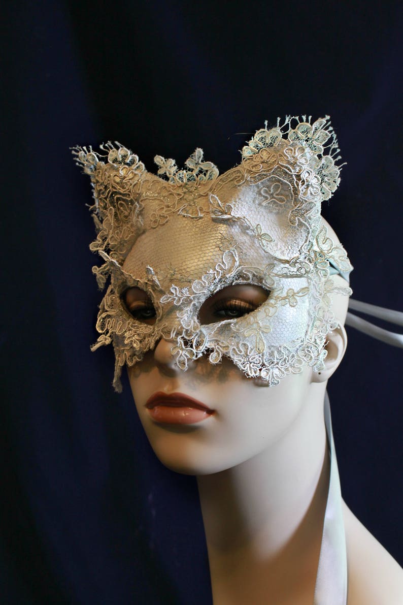 Winter Kitty Mask Leather Lace Cat Mask Silver Lace & Glass Glitter Mask Winter Solstice Kitty Mask Unique Christmas Gift image 9