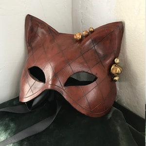 Folklore Kitty Hand Carved Tan Leather Cat Mask with Vintage Brass Bells Leather Mardis Gras Tarot Pagan Mask Halloween mask image 6