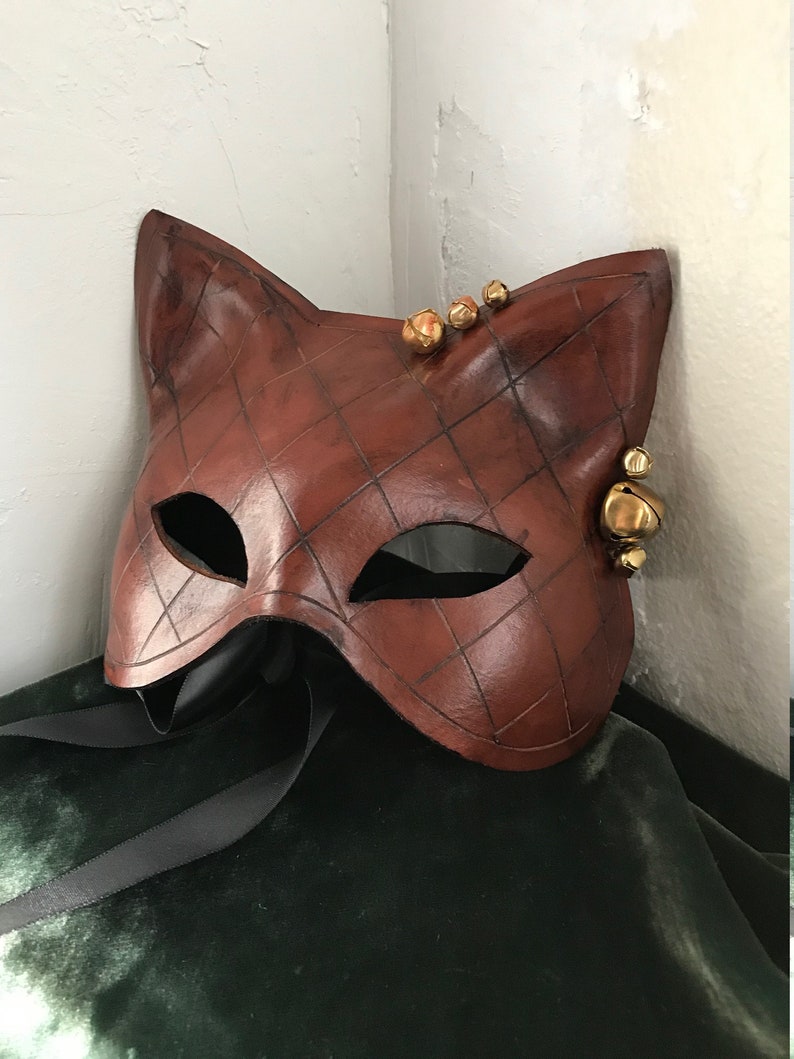 Folklore Kitty Hand Carved Tan Leather Cat Mask with Vintage Brass Bells Leather Mardis Gras Tarot Pagan Mask Halloween mask image 6