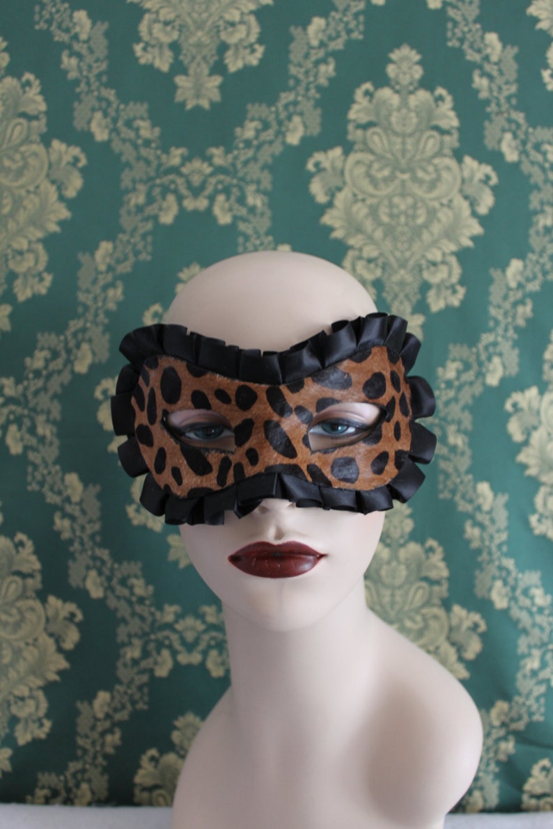 Sexy Leopard Print Leather and Satin Boudoir Mask Valentine Gift for Lovers Leather Mardis Gras Mask image 3