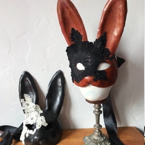 Black Bunny Mask Leather & Cream Silk Lace Flower Rabbit Mask Animal Masquerade Easter Bunny Year of the rabbit Adult Fantasy image 6