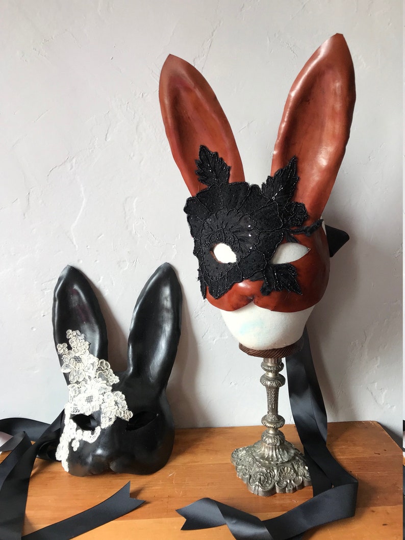 Black Bunny Mask Leather & Cream Silk Lace Flower Rabbit Mask Animal Masquerade Easter Bunny Year of the rabbit Adult Fantasy image 6