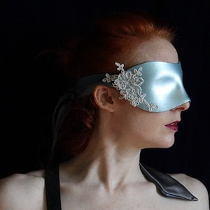 Hand molded Leather Blindfold, Pearly Blue Leather Coquette Mask, with Beaded Lace  & long Silk Tie ~ Valentine's Gift for Lovers - To Order