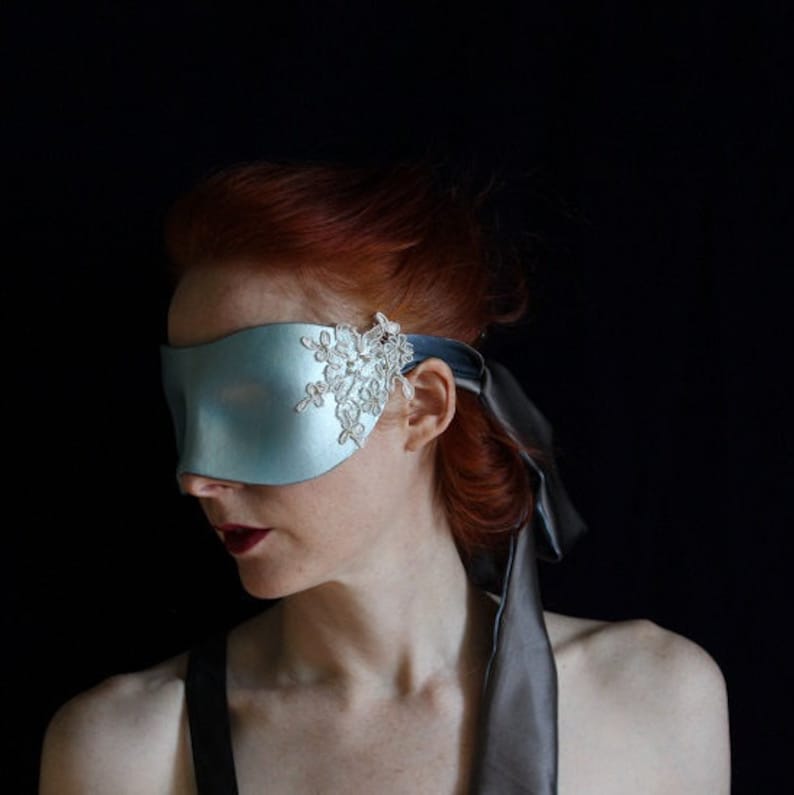 Hand molded Leather Blindfold, Pearly Blue Leather Coquette Mask, with Beaded Lace & long Silk Tie Valentine's Gift for Lovers To Order image 4
