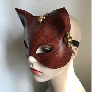 Folklore Kitty Hand Carved Tan Leather Cat Mask with Vintage Brass Bells Leather Mardis Gras Tarot Pagan Mask Halloween mask image 5