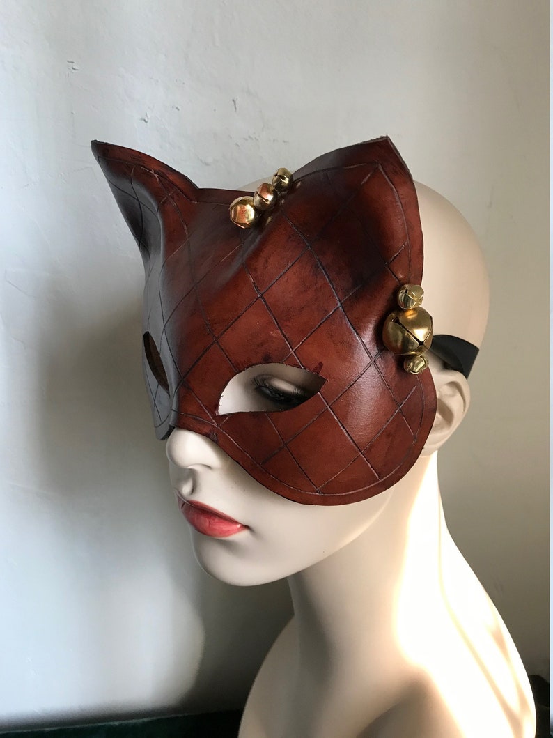 Folklore Kitty Hand Carved Tan Leather Cat Mask with Vintage Brass Bells Leather Mardis Gras Tarot Pagan Mask Halloween mask image 5