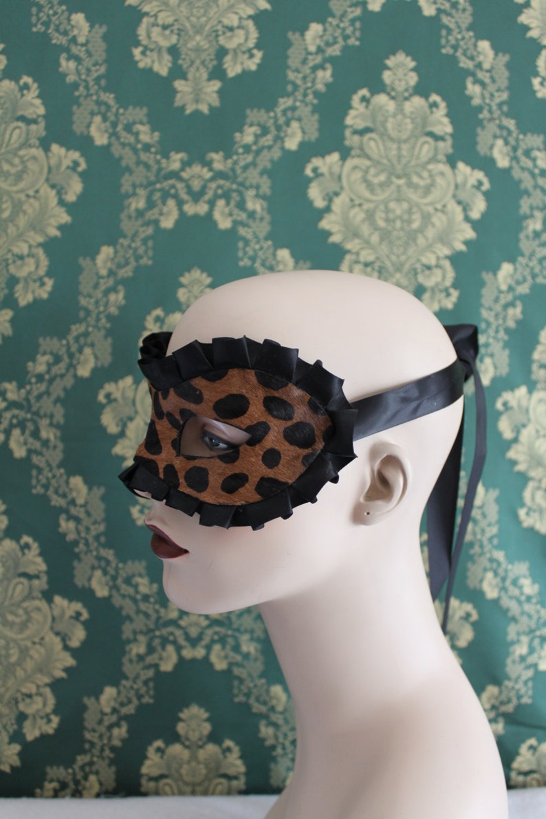 Sexy Leopard Print Leather and Satin Boudoir Mask Valentine Gift for Lovers Leather Mardis Gras Mask image 2